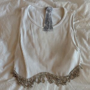 Zara White Crop Top with Silver Beaded Hem